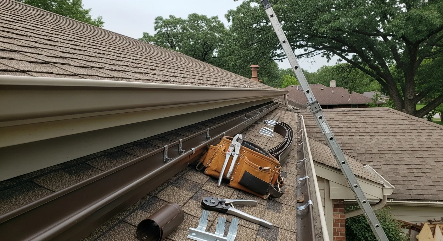 Freshly installed 6-inch gutters running along the roofline of a Blue Springs, Missouri home, with a downspout directing water away from the foundation. Close view shows the wide gutter channel and clean fascia board coverage on a residential property.