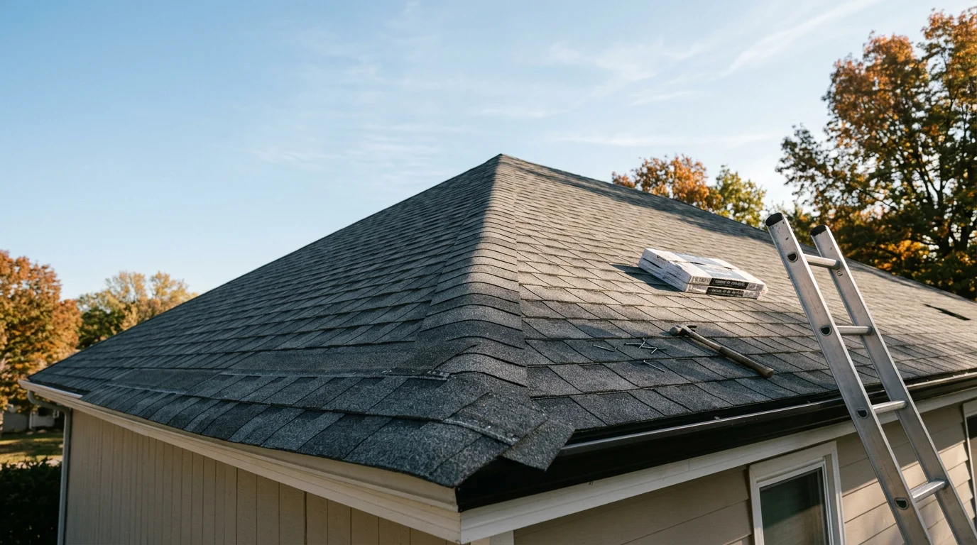 Newly installed architectural shingle roof on a residential home in Blue Springs, Missouri, showing dimensional shadow lines and uniform color across the full roof deck. Close-up view highlights the layered shingle texture against a clear Midwest sky.