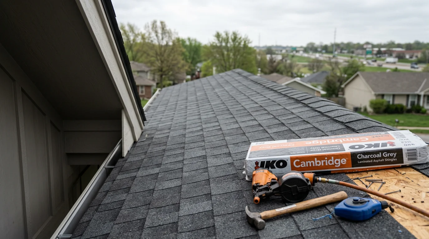 Newly installed asphalt shingle roof on a single-family home in Blue Springs, Missouri, with clean ridge lines and uniform shingle coverage across the full roof surface. The surrounding neighborhood reflects the established residential character common to eastern Jackson County.