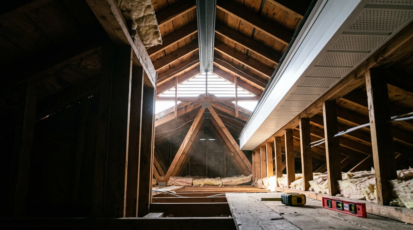 A roofing contractor installing ridge and soffit vents on a residential home in Blue Springs, Missouri. The image shows the attic vent system being fitted along the roofline to improve airflow and protect the roof structure.