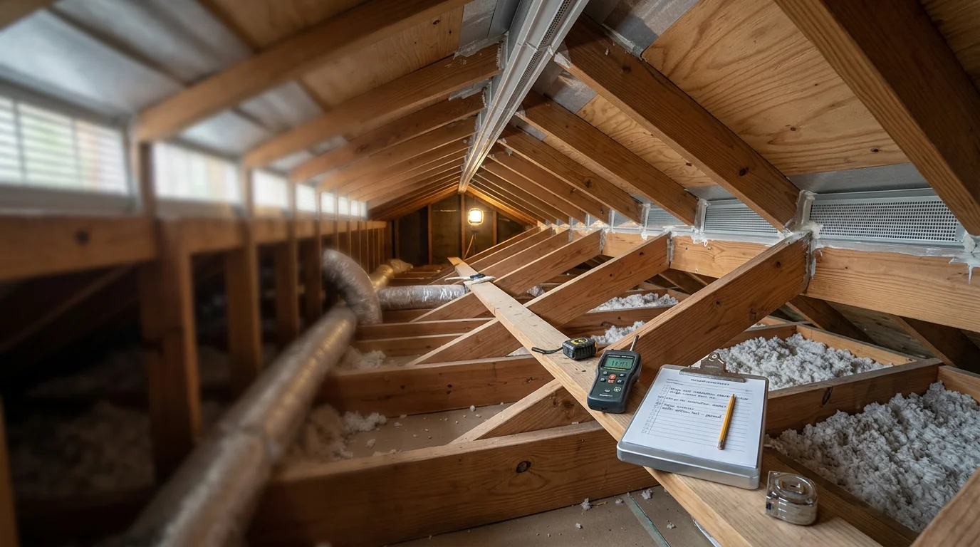 A roofing contractor inspecting and repairing a ridge vent on a residential roof in Blue Springs, Missouri. Soffit vents are visible along the eave line of the home below.