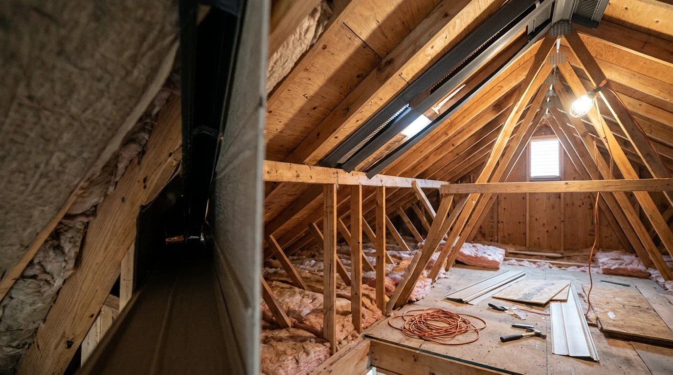 A roofing contractor inspecting attic ridge vents and soffit intake vents on a residential home in Blue Springs, Missouri. The image shows the roofline from the exterior with visible vent components as part of an attic venting assessment.