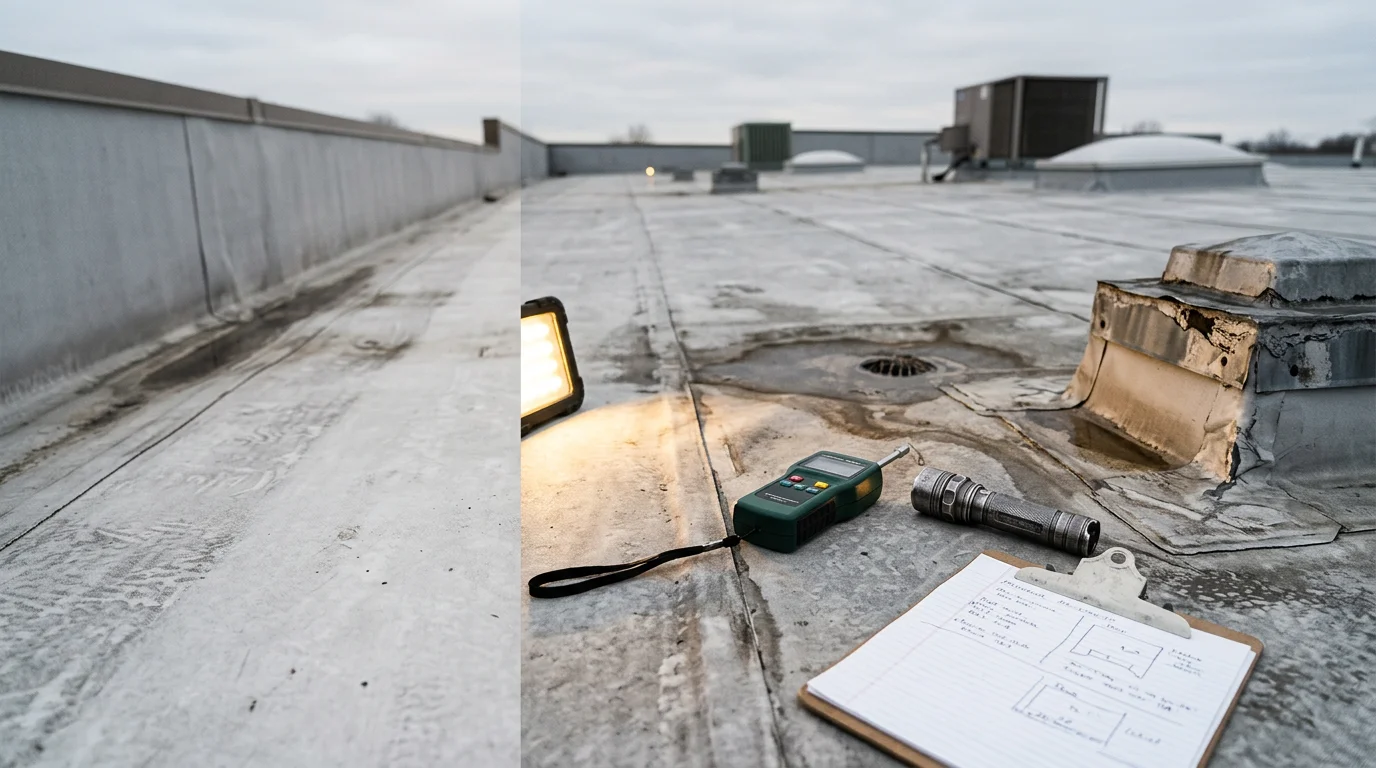 A flat commercial roof on a Blue Springs, Missouri business building showing a membrane roofing system with visible drainage points and flashing along the parapet wall. A roofing contractor from Redemption Roofing & Construction inspects the surface following a storm.