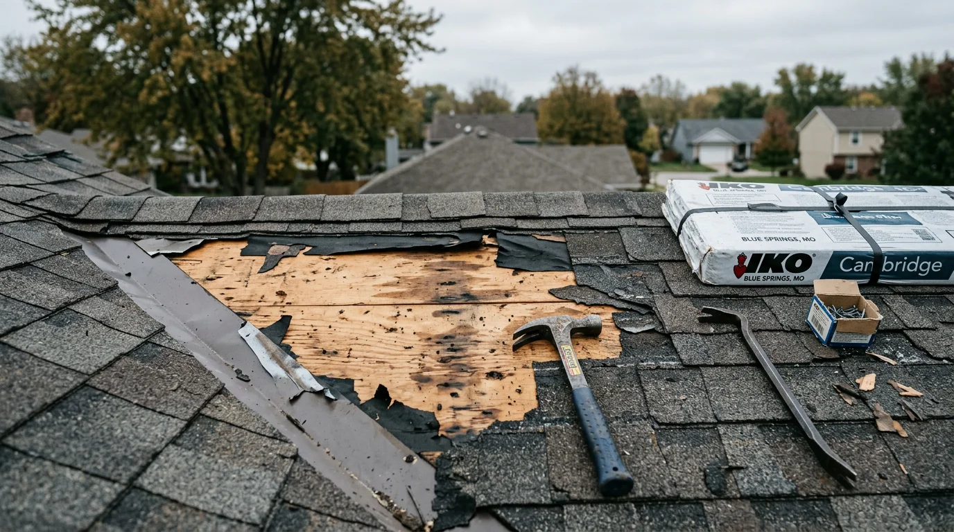 A Blue Springs residential roof with visible storm damage including displaced shingles and exposed decking being assessed by a roofing contractor. Close-up view of a repair in progress on a Jackson County home after a severe weather event.