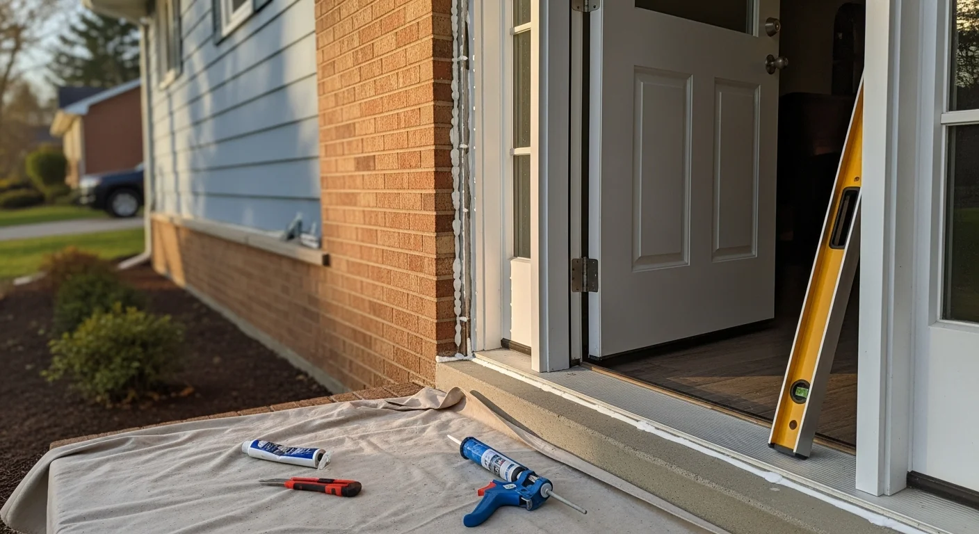 A newly installed entry door on a single-family home in Blue Springs, Missouri, with a clean frame, tight weatherstripping, and a finished threshold visible at the base. The surrounding exterior shows a typical Blue Springs residential street with mature trees in the background.