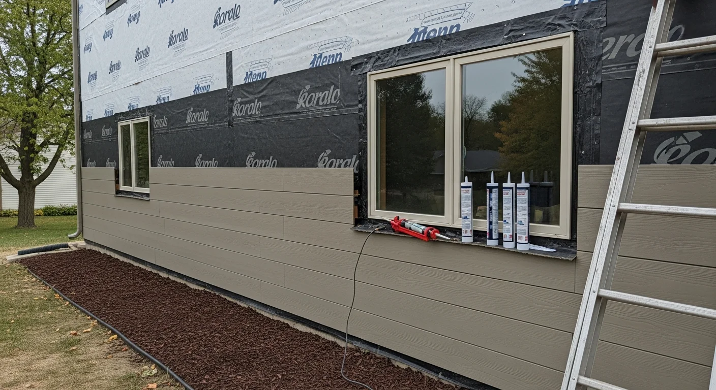 Newly installed fiber cement siding on a two-story Blue Springs, Missouri home, showing clean lap panel lines and sealed window trim. The exterior reflects a finished installation by Redemption Roofing & Construction on a residential street in eastern Jackson County.