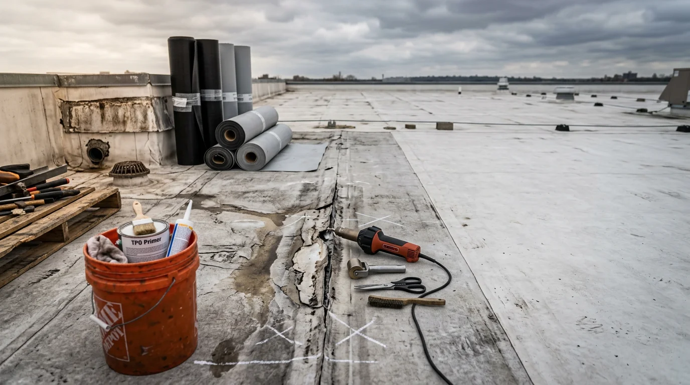 A flat roof on a Blue Springs, Missouri home showing a repaired membrane surface with sealed seams and cleared drainage area. The repair work is viewed from above against a residential neighborhood backdrop.