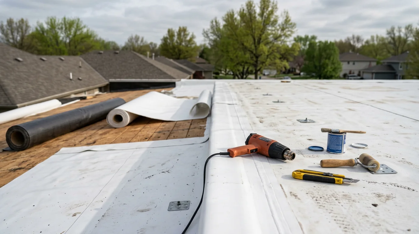 A newly replaced flat roof membrane on a residential property in Blue Springs, Missouri, showing clean seams and proper edge detailing. The surrounding neighborhood and overcast Midwest sky are visible in the background.
