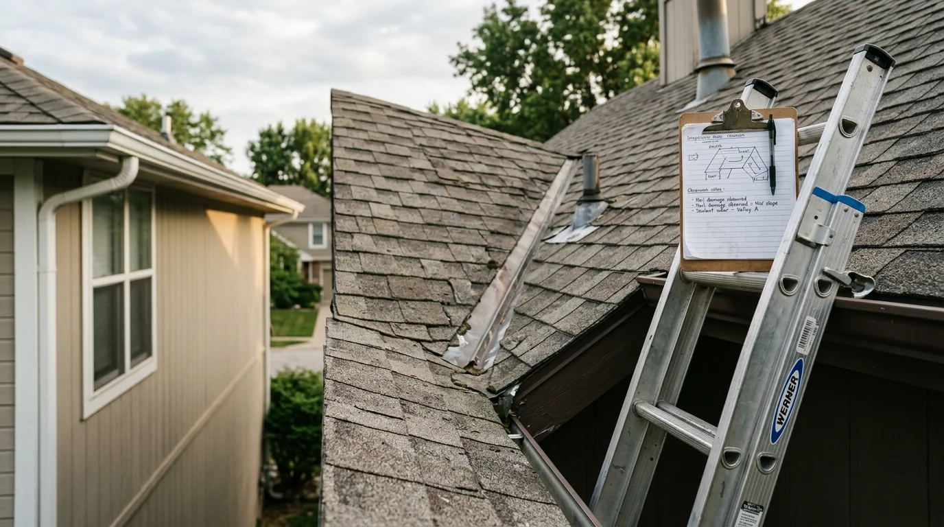 A Redemption Roofing & Construction contractor inspecting a residential roof in Blue Springs, Missouri, examining shingles and flashing up close during a free roofing estimate visit.
