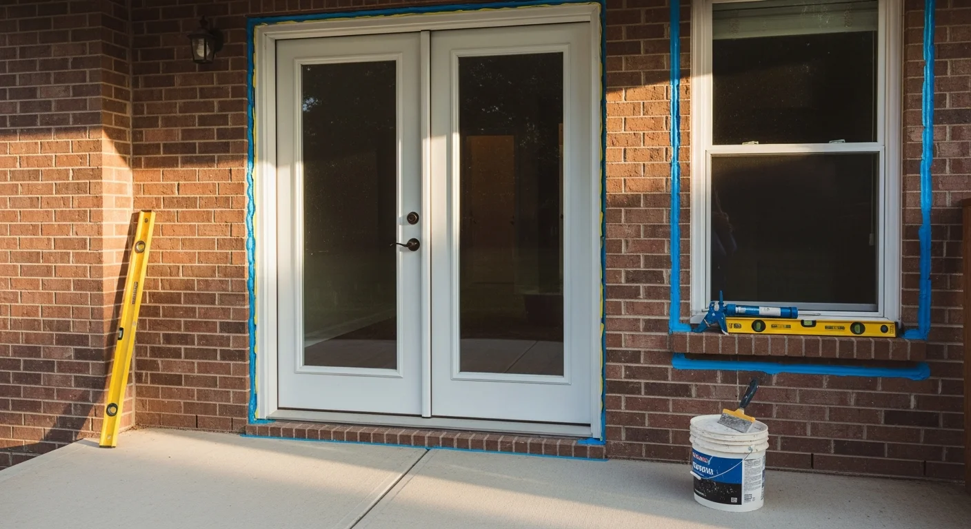 Newly installed exterior French doors on the back of a Blue Springs, Missouri single-family home, showing a wide glass-paned opening leading to a backyard patio. The doors are fully framed and sealed, with the surrounding siding intact and finished.