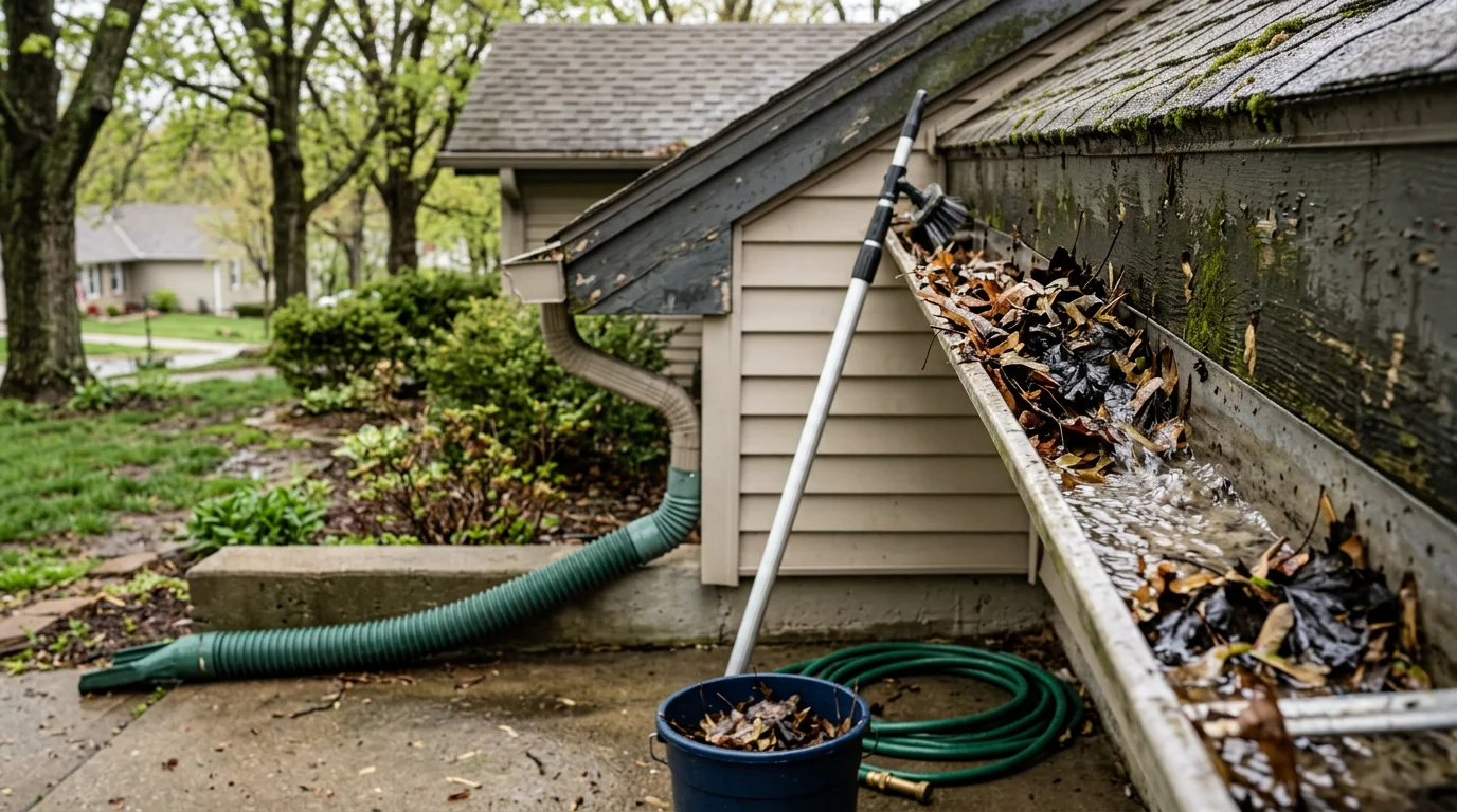 A roofing contractor clearing packed leaf debris and organic buildup from the gutters of a single-family home in Blue Springs, Missouri. Downspouts are visible along the exterior wall with a residential yard and mature trees in the background.