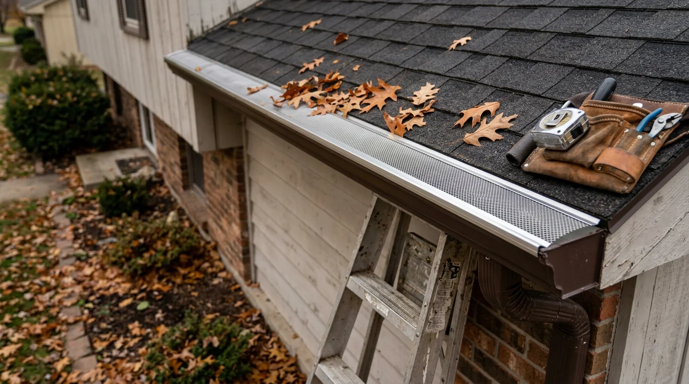 Gutter guard installed along the roofline of a Blue Springs, Missouri home, with fallen oak leaves resting on top of the guard while the gutter channel below remains clear. Close-up view showing the guard fitted flush against the fascia board.