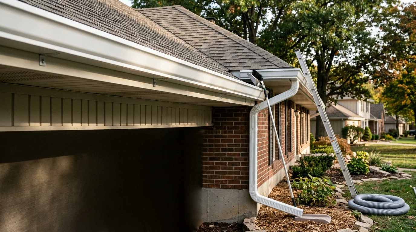 Newly installed gutters running along the roofline of a residential home in Blue Springs, Missouri, with downspouts positioned to direct water away from the foundation. Clean fascia boards and a properly pitched gutter run are visible against a suburban neighborhood backdrop.