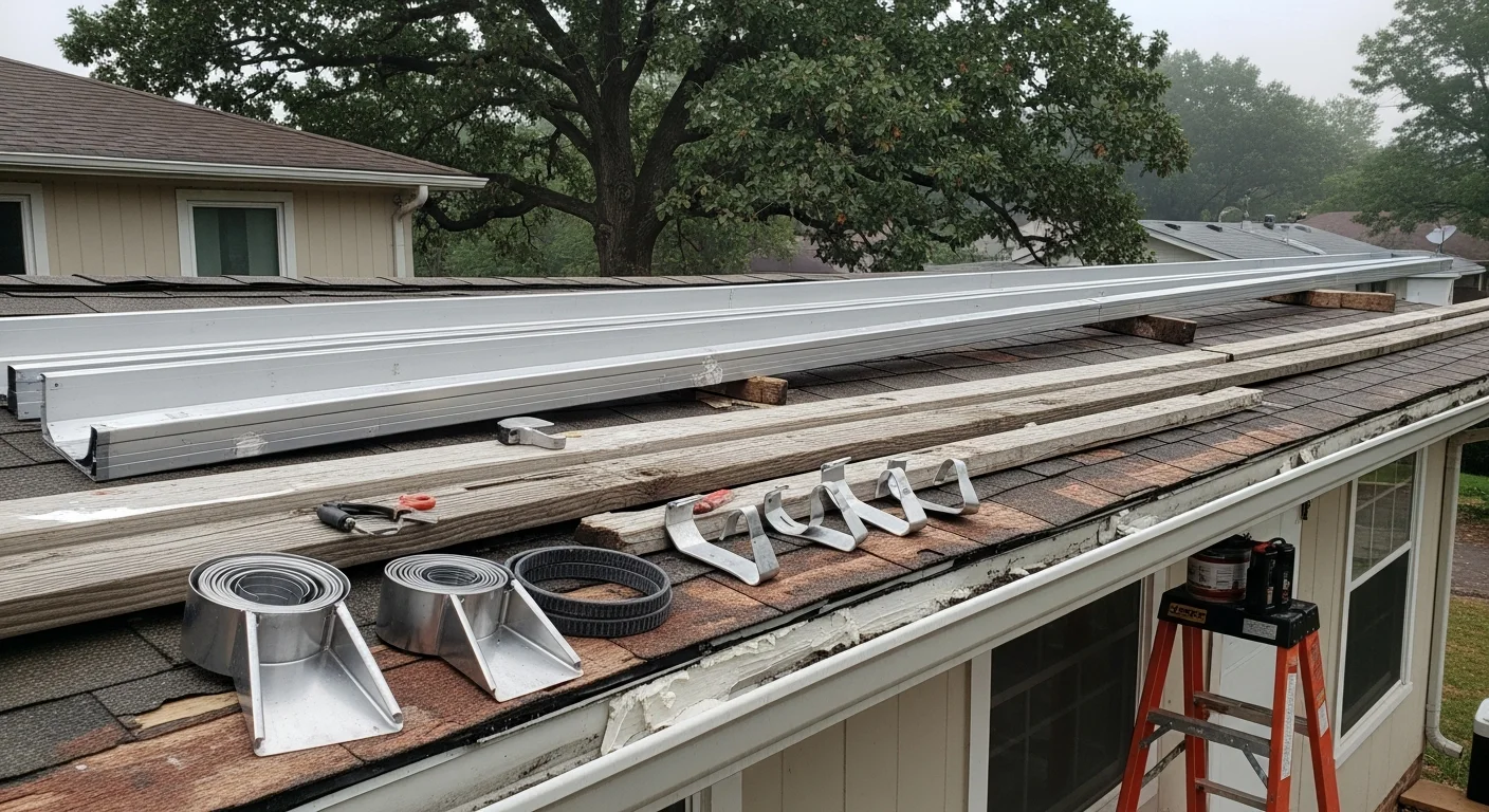 A Redemption Roofing & Construction crew member resealing a leaking gutter joint on a single-family home in Blue Springs, Missouri. The repaired section shows clean sealant along the seam with the home's fascia board and roofline visible in the background.