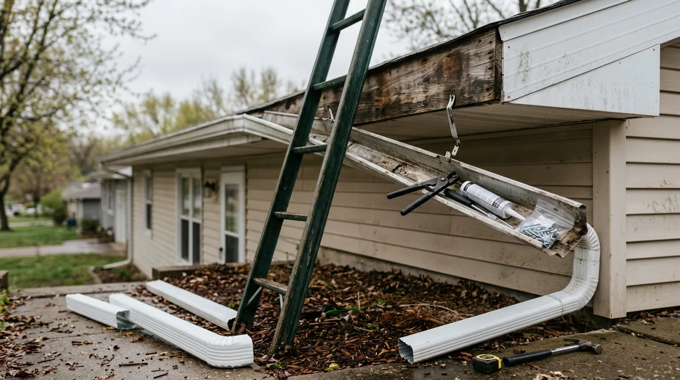 A repaired residential gutter and downspout on a Blue Springs, Missouri home, with secure hangers and clean seams visible along the roofline. The downspout directs water away from the foundation on a single-family home typical of the area.