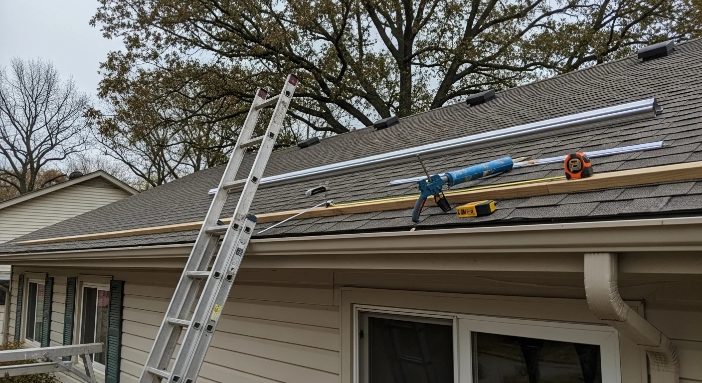 New gutters installed along the roofline of a single-family home in Blue Springs, Missouri, with downspouts positioned to direct water away from the foundation. Close-up view shows clean fascia attachment and properly pitched gutter run after a full replacement by Redemption Roofing and Construction.
