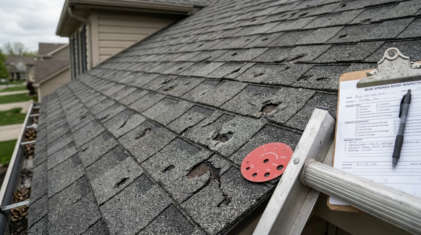 Close-up of hail-damaged asphalt shingles on a Blue Springs, Missouri home showing granule loss and impact bruising after a Jackson County storm. A roofing contractor from Redemption Roofing & Construction inspects the affected area from the roof surface.