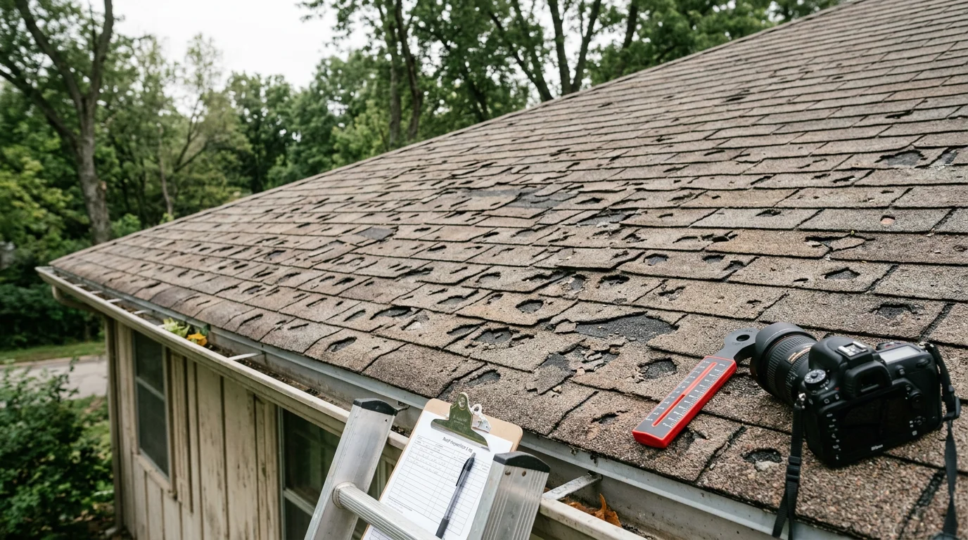 A Blue Springs residential roof showing hail impact damage on shingles, with a roofing contractor documenting the damage during an insurance claim inspection. Jackson County suburban home visible in the background.