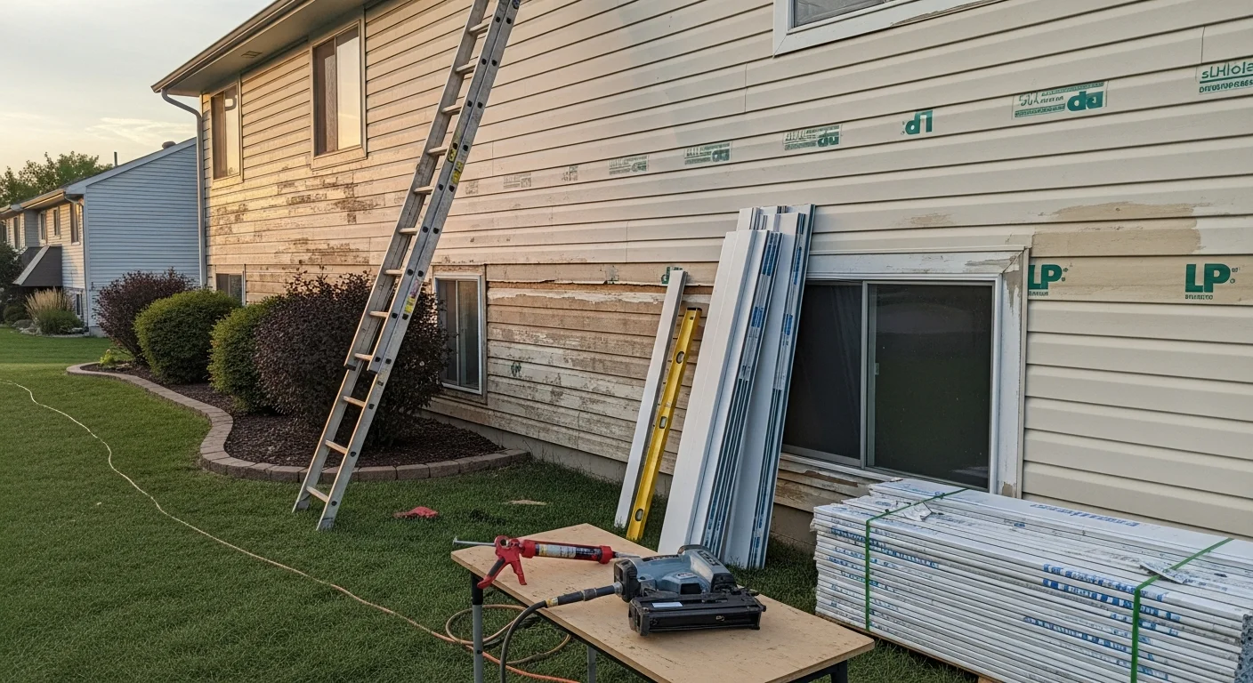 A Blue Springs home with newly installed LP siding showing clean lap panel lines and a freshly painted exterior. The installation by Redemption Roofing & Construction covers the full facade with tight seams and no visible gaps.