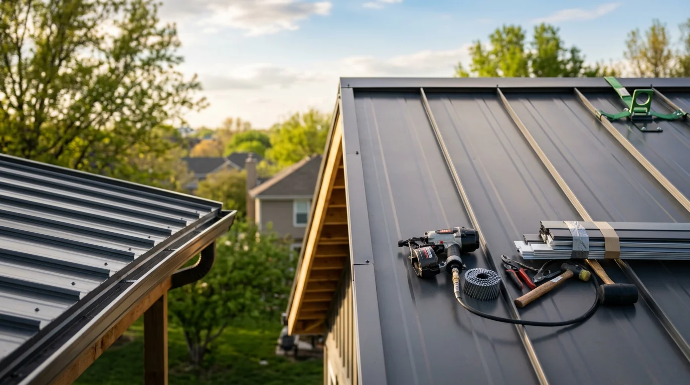 A completed metal roof installation on a residential home in Blue Springs, Missouri, showing clean panel lines and finished ridge detail. The surrounding neighborhood and mature trees are visible in the background.