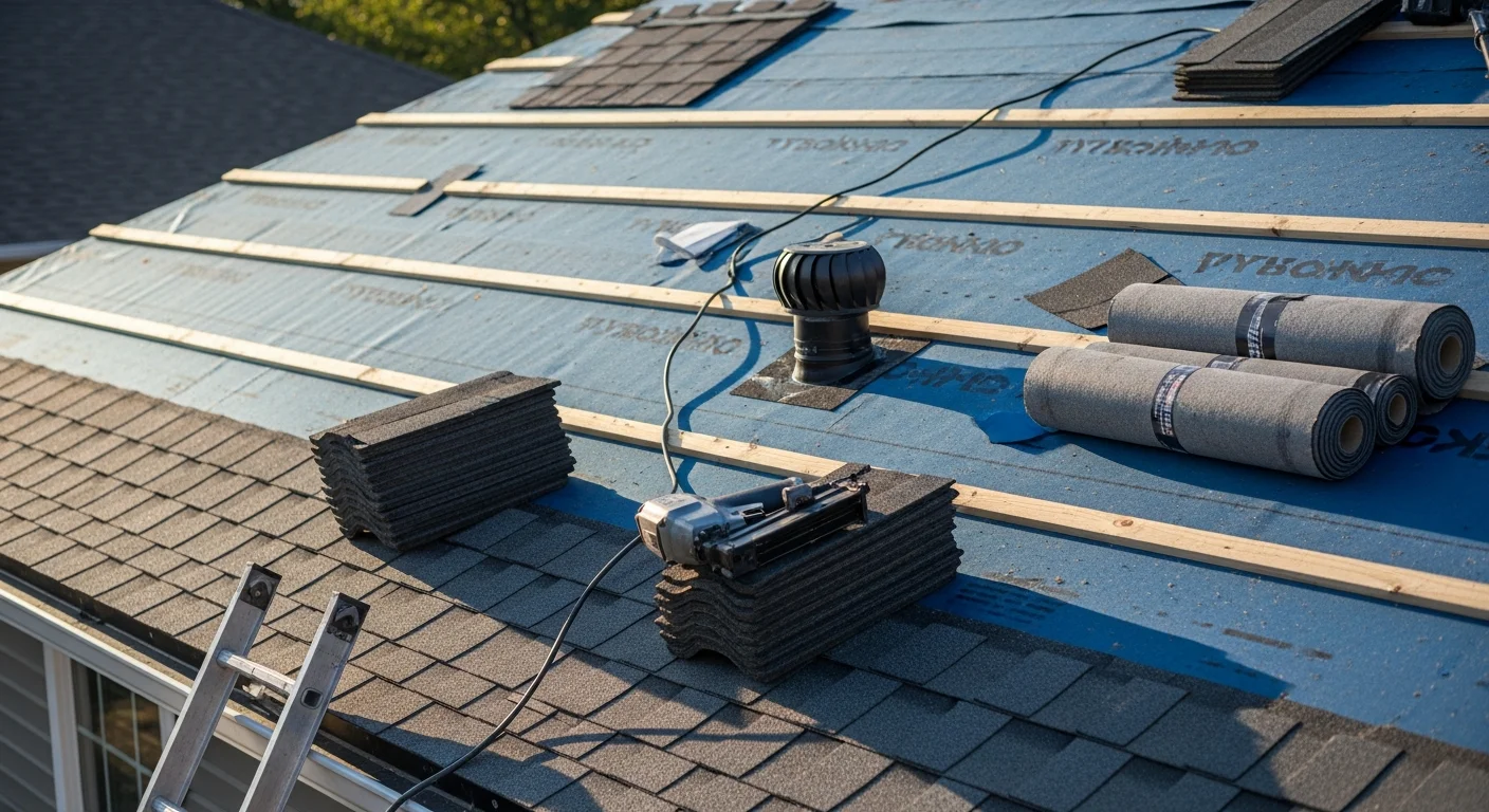 A newly completed roof installation on a single-family home in Blue Springs, Missouri, showing clean ridge lines, uniform shingle courses, and finished flashing at the valleys and chimney. The home sits in a residential subdivision typical of the Blue Springs area.