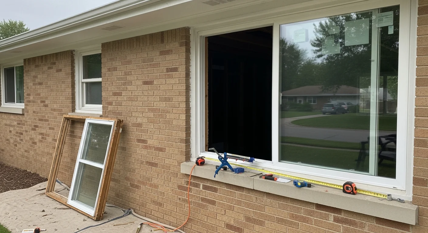 A Blue Springs, Missouri single-family home with newly installed replacement windows, showing clean frames and clear glass on a ranch-style exterior. The old builder-grade windows have been removed and replaced with properly sealed modern units.