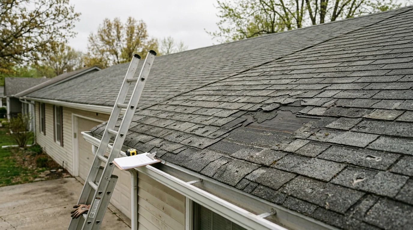 A residential roof on a single-family home in Blue Springs, Missouri, showing a completed shingle replacement with clean ridge lines and new flashing around the chimney. The surrounding neighborhood features mature trees typical of established Blue Springs subdivisions.