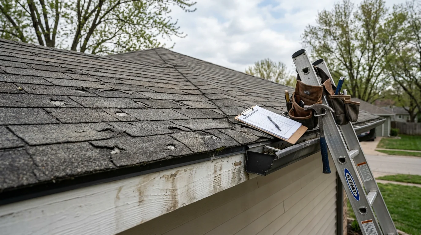 A Blue Springs residential roof with repaired shingles and restored flashing after hail and wind storm damage in Jackson County, Missouri. Close-up view shows clean, uniform shingle lines across the repaired section against a clear sky.