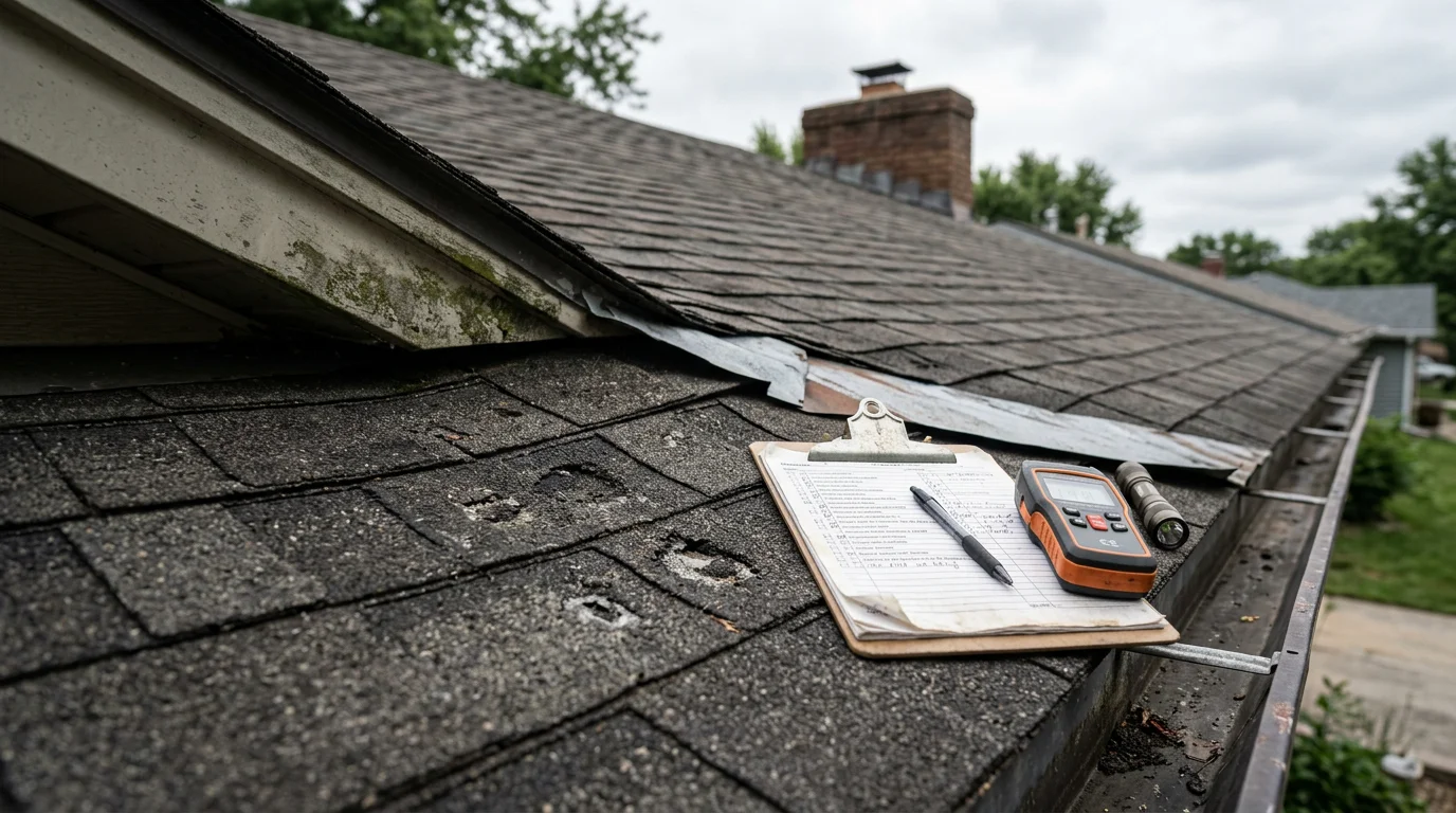 A roofing contractor inspecting shingles and flashing on a residential home in Blue Springs, Missouri after a hail storm. Close-up view of the roof surface showing granule wear and storm impact assessment in progress.