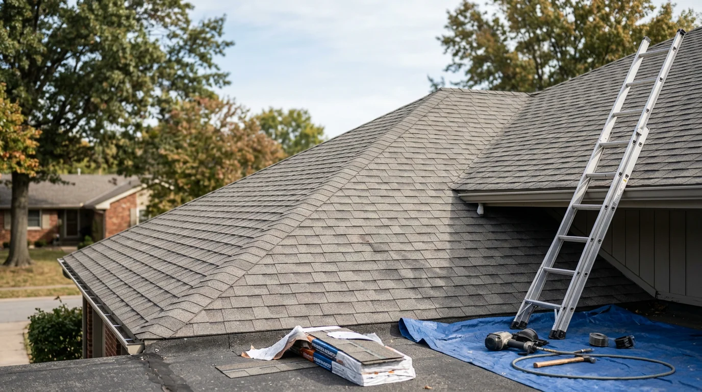 A newly installed residential roof on a single-family home in Blue Springs, Missouri, showing clean ridge lines and uniform shingles across the full roof deck. The home sits in a suburban neighborhood typical of eastern Jackson County.