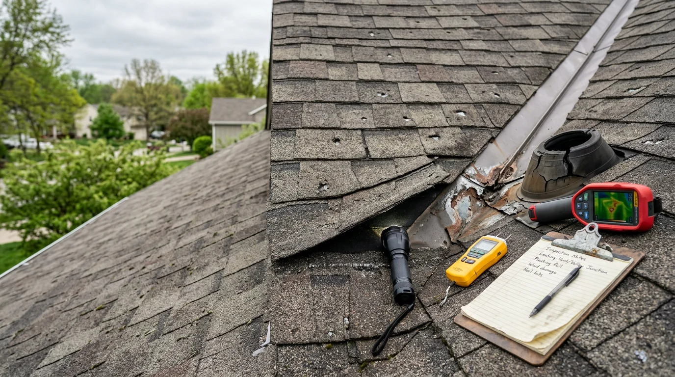 A roofing contractor inspecting damaged flashing and lifted shingles on a residential roof in Blue Springs, Missouri after a spring storm. Close-up view shows the repaired valley and sealed vent boot on an asphalt shingle roof.