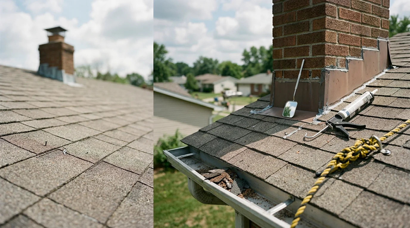 A Redemption Roofing & Construction crew member re-sealing flashing around a chimney on a residential roof in Blue Springs, Missouri. The surrounding neighborhood and mature tree canopy are visible in the background.
