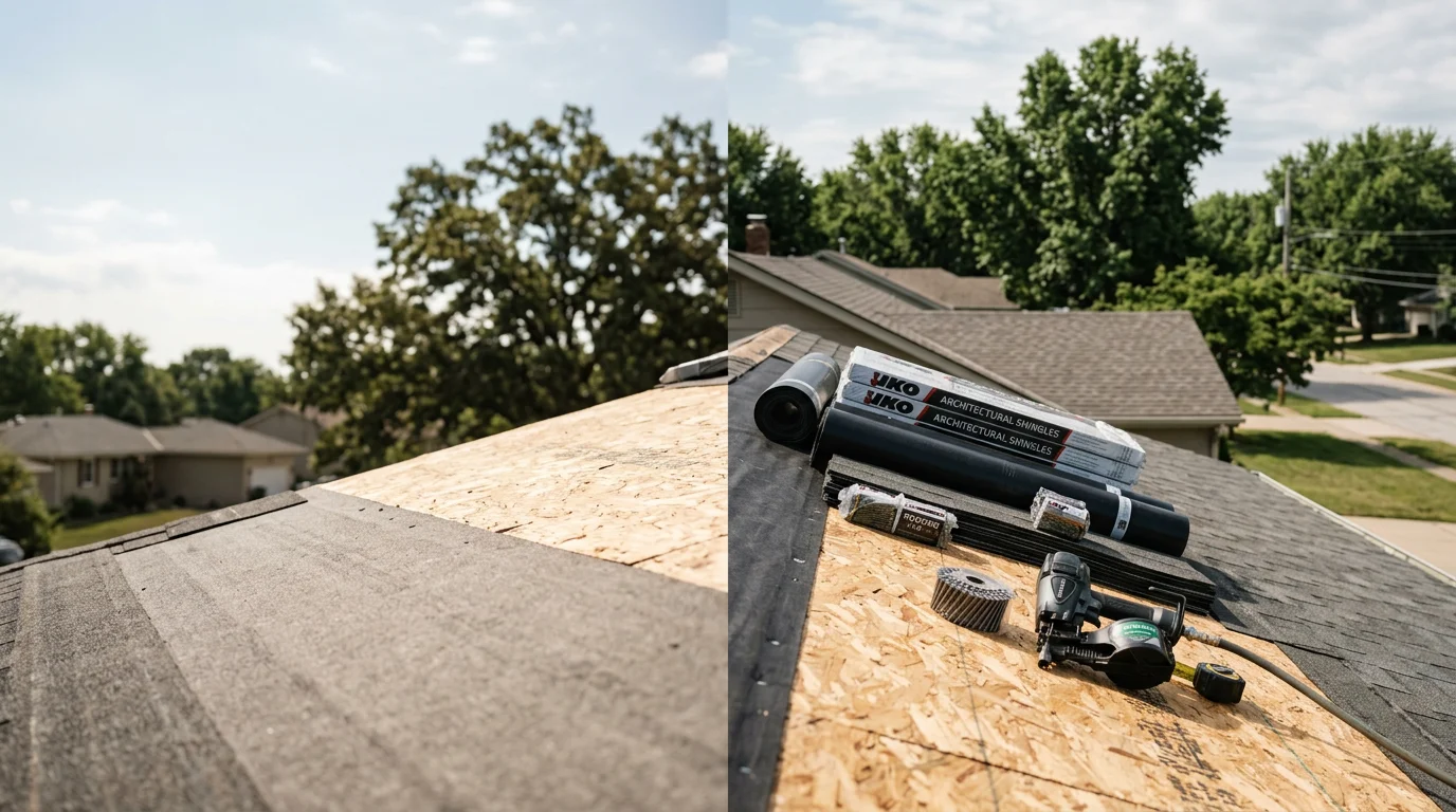 A completed roof replacement on a single-family home in Blue Springs, Missouri, showing new roofing installed across the full slope with clean ridge lines and finished flashing around the chimney.