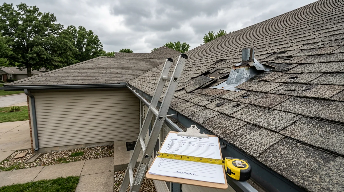 A Blue Springs residential roof showing repaired shingles and sealed flashing after storm and wind damage. The repair area blends with the surrounding field shingles on a mid-century two-story home in eastern Jackson County.