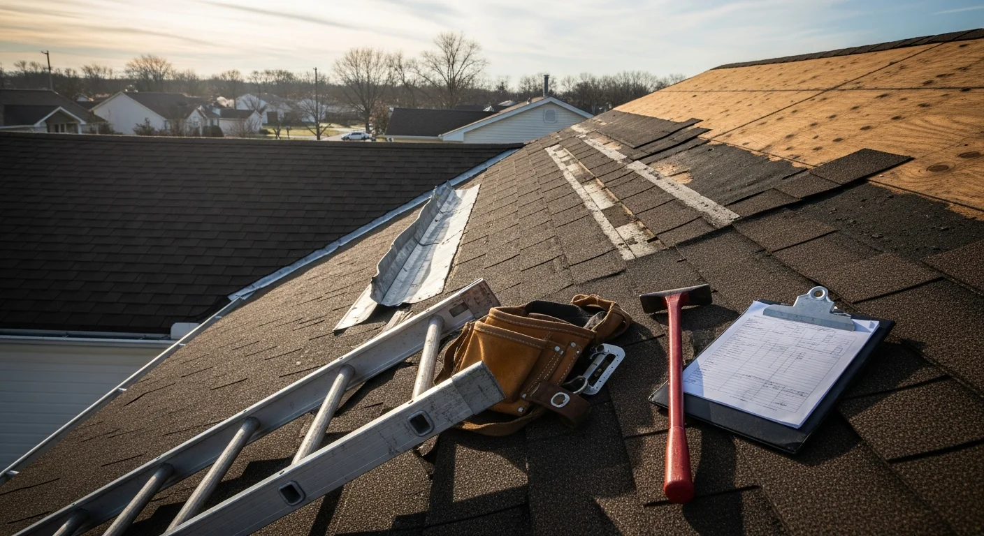 A roofing contractor from Redemption Roofing & Construction inspecting storm-damaged shingles on a single-family home in Blue Springs, Missouri. Close-up view shows lifted shingle tabs and exposed roof decking following a hail and wind event.