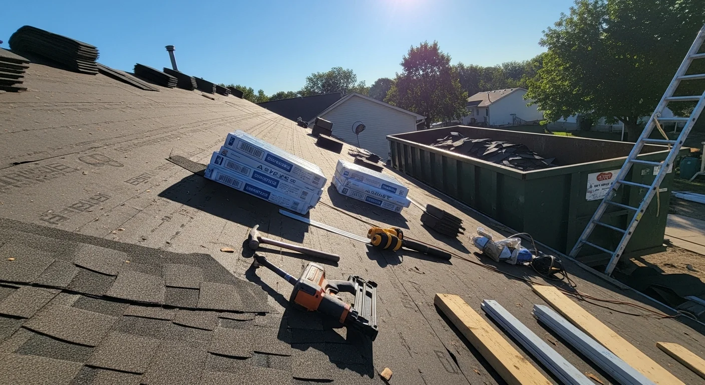 A completed residential roof replacement on a Blue Springs, Missouri home, showing new roofing materials, clean ridge lines, and finished flashing around roof penetrations. The home sits in a suburban Jackson County neighborhood under a clear sky following storm season work by Redemption Roofing & Construction.