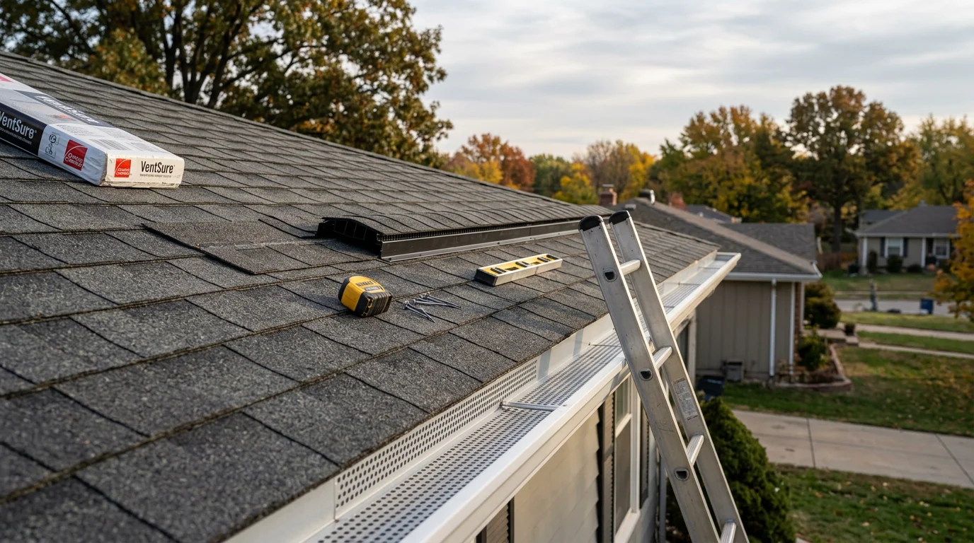 A roofer installing ridge vents along the peak of a residential roof in Blue Springs, Missouri, with soffit vents visible along the eave line below. The image shows a balanced intake and exhaust ventilation system being set up on a suburban home.