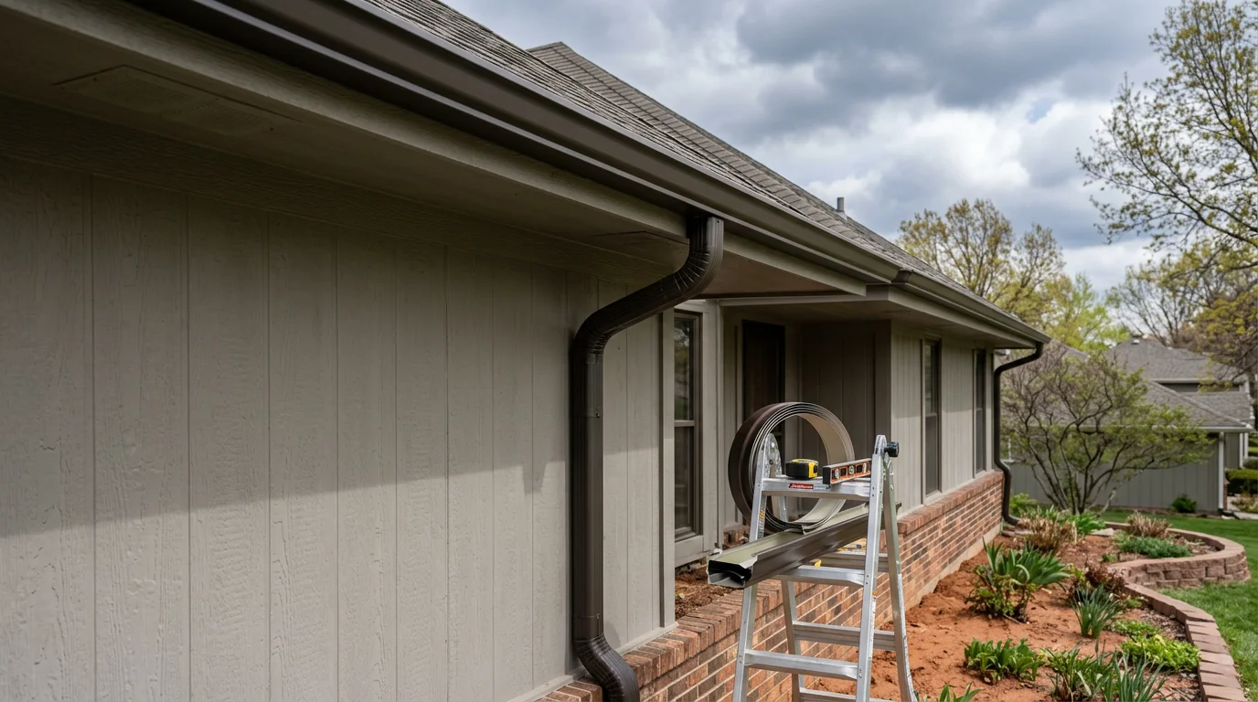 Freshly installed seamless gutters running along the roofline of a residential home in Blue Springs, Missouri. The continuous aluminum channel follows the roofline cleanly with no visible seam joints along the horizontal run.