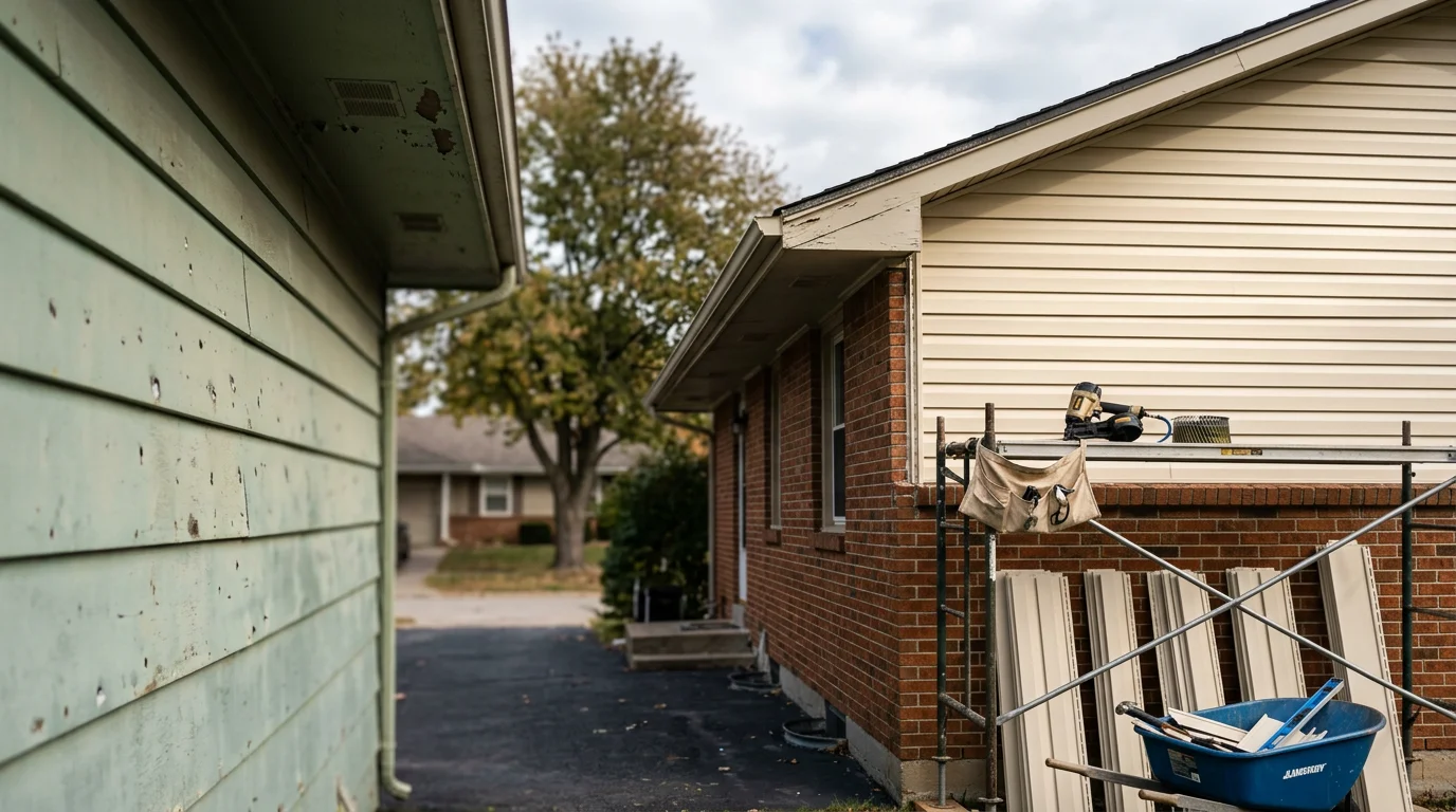 Newly installed siding on a single-family home in Blue Springs, Missouri, with clean panel lines and a freshly finished exterior. The home sits in a residential neighborhood typical of eastern Jackson County.
