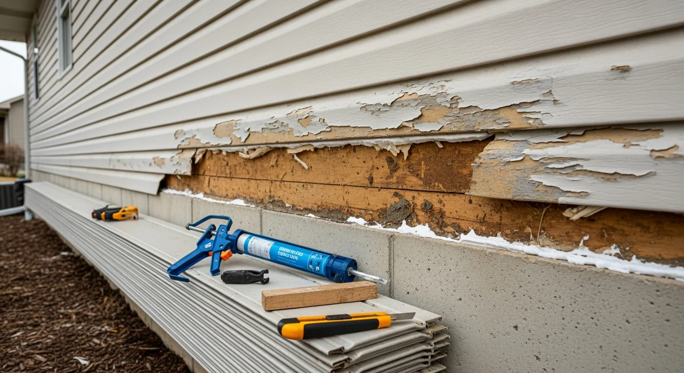 A Blue Springs residential home exterior showing a repaired section of siding with flush, properly seated panels replacing storm-damaged boards. The repaired area blends with the surrounding siding along the front wall of a single-family home.