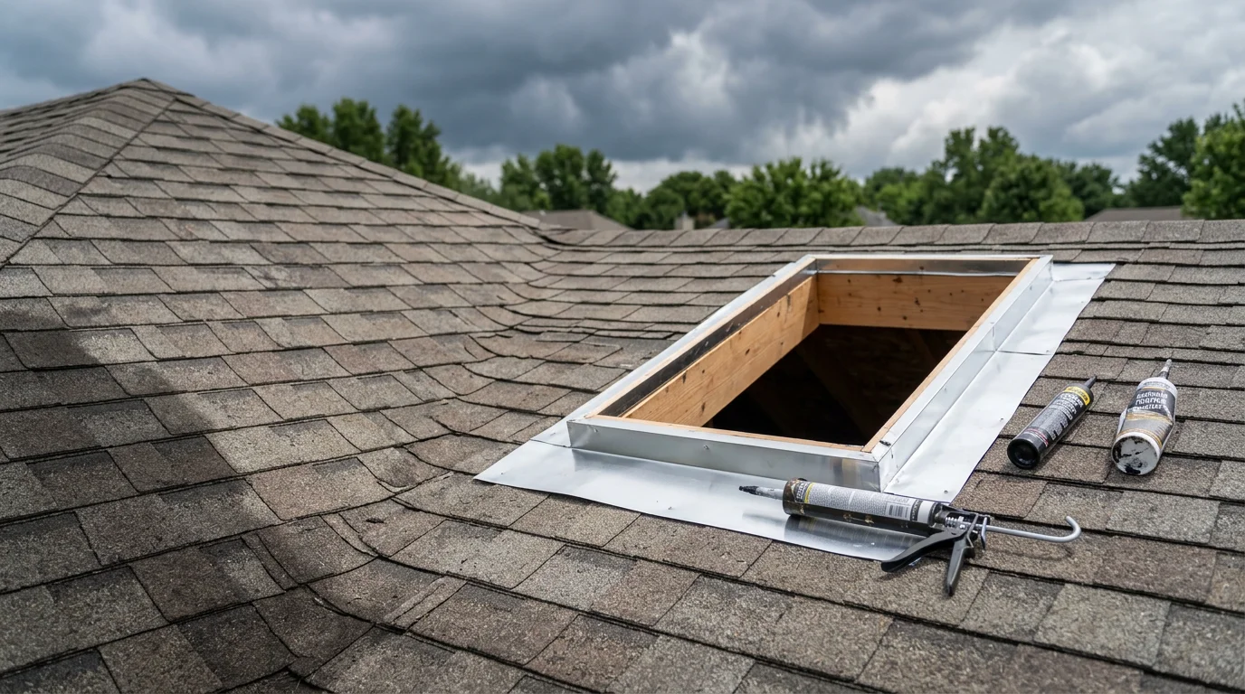 A newly installed skylight on a residential roof in Blue Springs, Missouri, with clean flashing and shingles trimmed neatly around the frame. The surrounding roofing surface shows no gaps or lifted edges, reflecting a watertight installation.