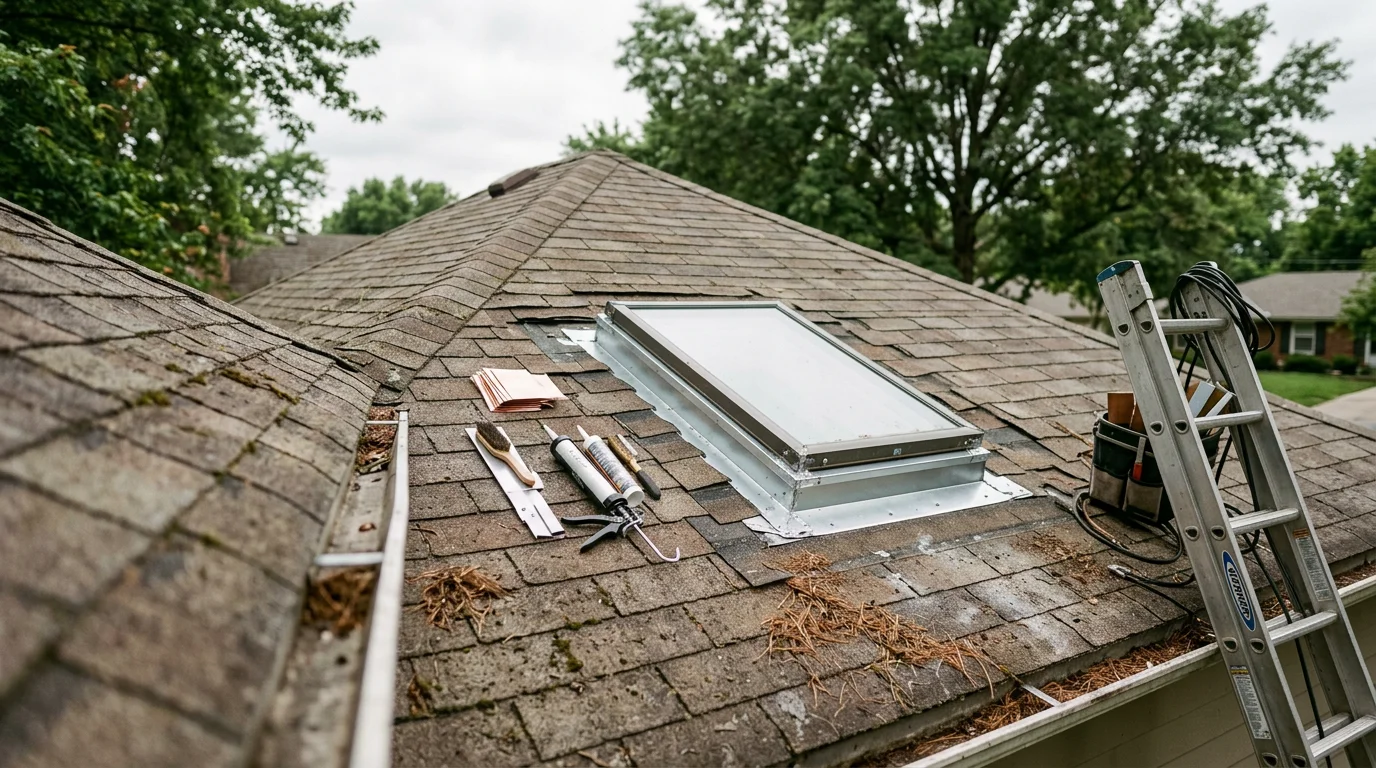 A roofing contractor inspecting skylight flashing and surrounding shingles on a residential roof in Blue Springs, Missouri. Close-up view shows the skylight frame, sealed curb, and intact roofing material after a completed repair.