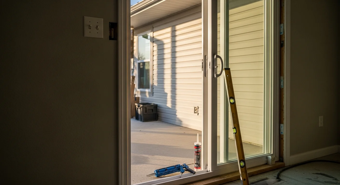 A newly installed sliding glass door on the rear exterior of a single-family home in Blue Springs, Missouri, showing a flush frame, clean track, and clear glass panel opening to a backyard patio. The installation reflects a finished, weather-tight fit consistent with residential construction common in the Blue Springs area.