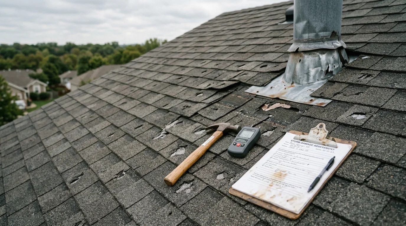 A Blue Springs, Missouri home roof showing hail-damaged shingles and lifted flashing after a spring storm. A Redemption Roofing & Construction crew member inspects the damage from the rooftop.