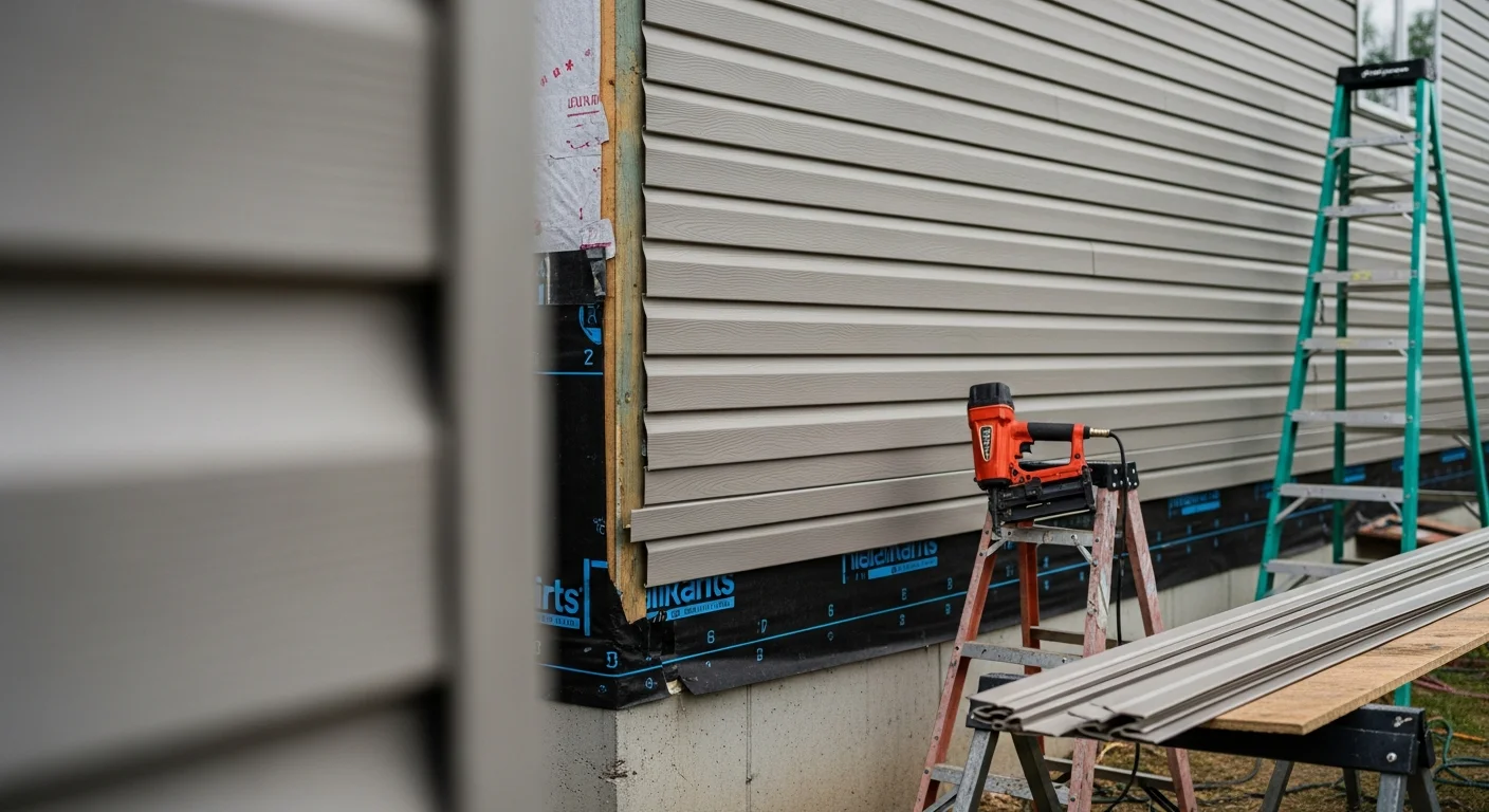 Freshly installed vinyl siding on a two-story residential home in Blue Springs, Missouri, showing clean panel lines and a uniform exterior finish. The image captures the full front facade with new siding replacing older worn material on a typical eastern Jackson County neighborhood home.