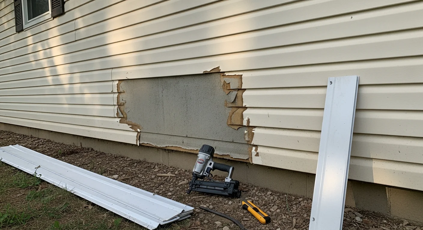 Repaired vinyl siding panels on a Blue Springs, Missouri home exterior after storm damage. Close-up view shows replaced sections blending with existing siding along the front wall.