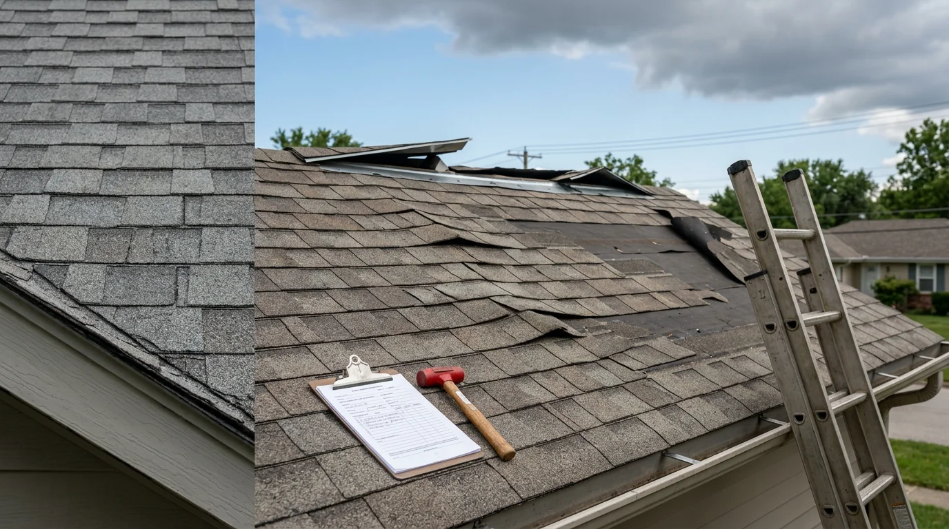 A Blue Springs, Missouri residential roof showing wind-lifted shingles and exposed underlayment along the ridge line after a severe storm. A roofing contractor inspects the damaged area from the roof surface.