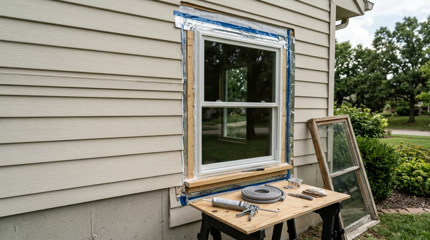 A freshly installed replacement window on a Blue Springs, Missouri home with clean caulking and a tight frame seal. The exterior view shows no gaps between the frame and siding, with the surrounding trim in good condition.